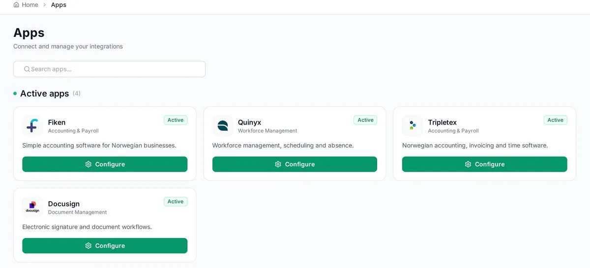 Kataloget over forbundne apps i AppsCo med status for hver integration