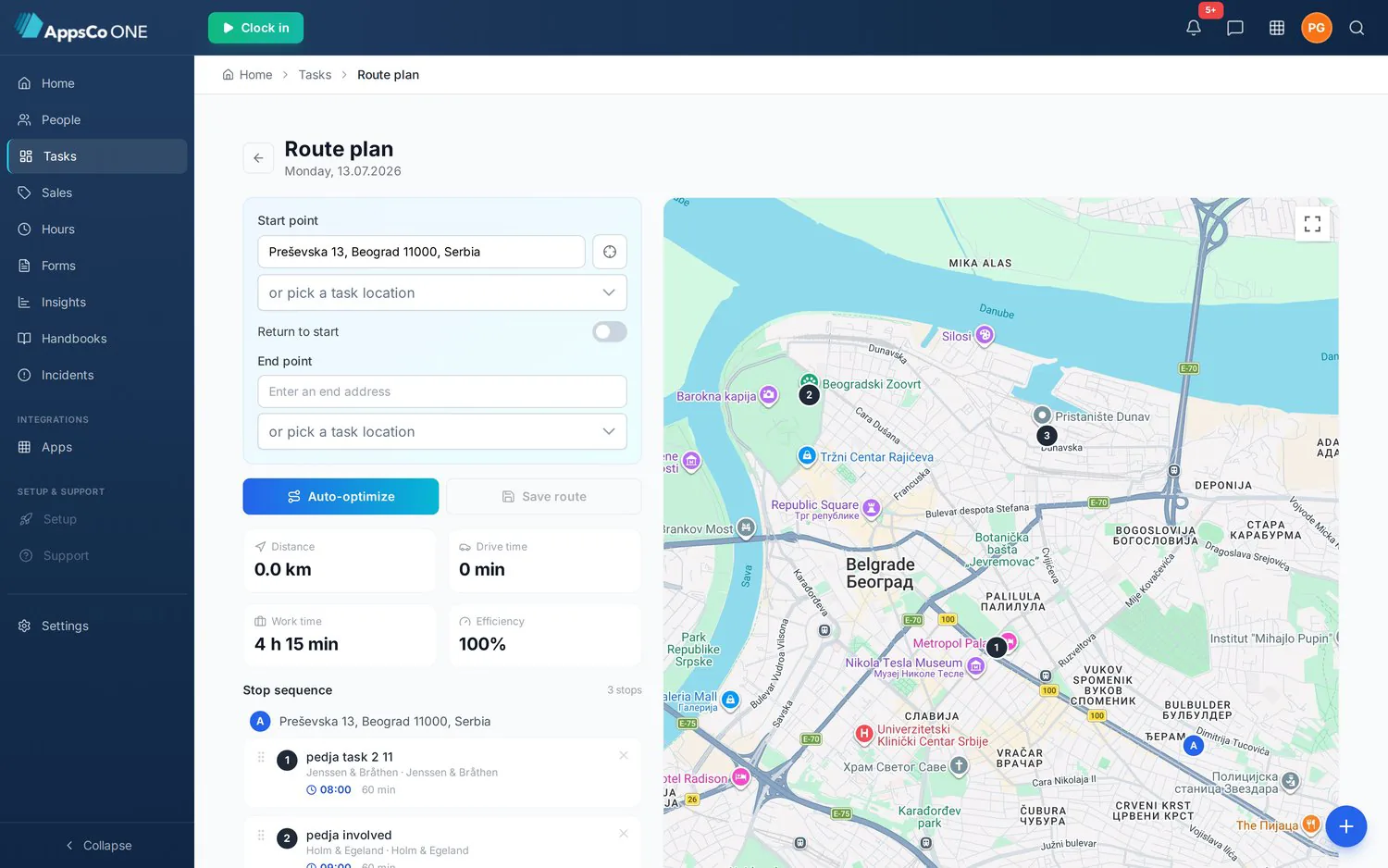 Ruteplan i AppsCo — automatisk optimeret rækkefølge med ankomsttider, distance og køretid